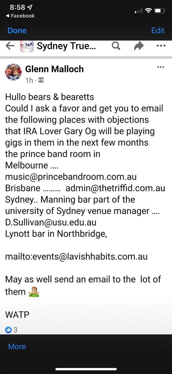Danny Doherty CSC (@dannydohertycsc) on Twitter photo At what stage in your life do you stop:
A) Referring to other adults as “Bears” and Bearettes” and
B) Contacting venues to try and get a gig cancelled?
Laughable behaviour all round from those at <a href="/SydneyTrueBlues/">Sydney True Blues</a> … might get a song dedicated to Glenn on the night. TÁL! At what stage in your life do you stop:
A) Referring to other adults as “Bears” and Bearettes” and
B) Contacting venues to try and get a gig cancelled?
Laughable behaviour all round from those at <a href="/SydneyTrueBlues/">Sydney True Blues</a> … might get a song dedicated to Glenn on the night. TÁL!