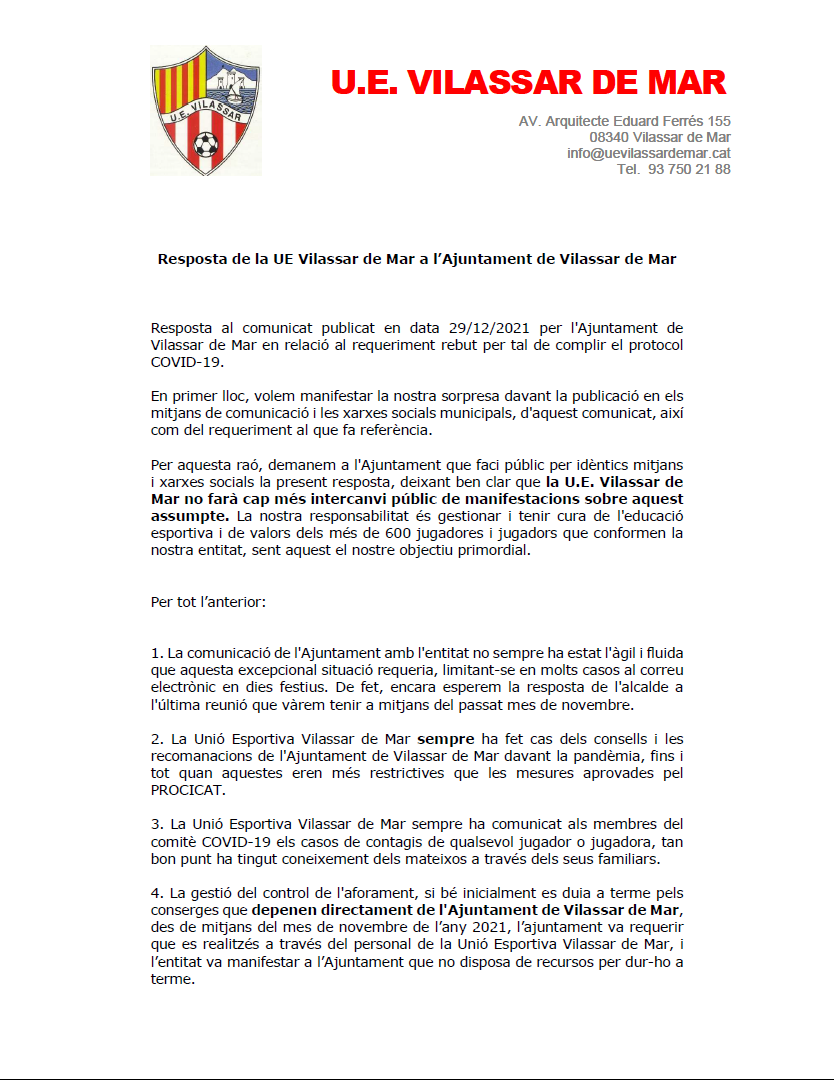 UEVilassardeMar's tweet photo. 💬 Resposta de la U.E. Vilassar de Mar al comunicat publicat en data 29/12/21 per l'Ajuntament de @VilassardeMar en relació al requeriment rebut per tal de complir el protocol COVID-19 👇🏼
https://t.co/nwlQeaczfH https://t.co/1epSQvLLj6