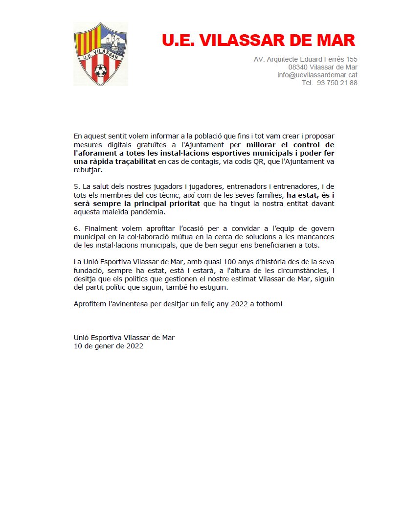 UEVilassardeMar's tweet photo. 💬 Resposta de la U.E. Vilassar de Mar al comunicat publicat en data 29/12/21 per l'Ajuntament de @VilassardeMar en relació al requeriment rebut per tal de complir el protocol COVID-19 👇🏼
https://t.co/nwlQeaczfH https://t.co/1epSQvLLj6