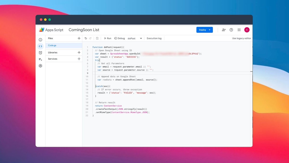 IndianAppGuy's tweet image. //2 Prepare backend to collect email address
for this i use #GoogleAppScript, very simple code which will add the email submitted to the google sheet to whose id is provided