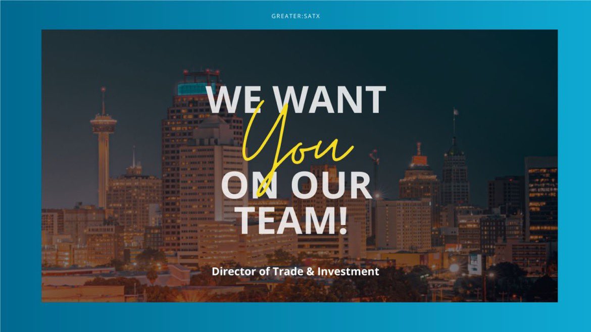 Hiring Now: Director of Trade &amp; Investment

This position is responsible for supporting job growth and creation in the San Antonio region through the attraction of foreign direct investment (FDI) and export market development. 

Learn more >> bit.ly/3tONzNc