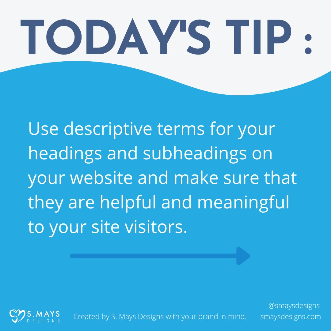 SMaysDesigns's tweet image. It's Web Wednesday! Today's topic focuses on website headings and subheadings. 

#smaysdesigns #webwednesdays #knowledgeispower #website #webdesigner #entrepreneur #faithbasedbusiness #webtips #tips #business101 #copywriting #seo