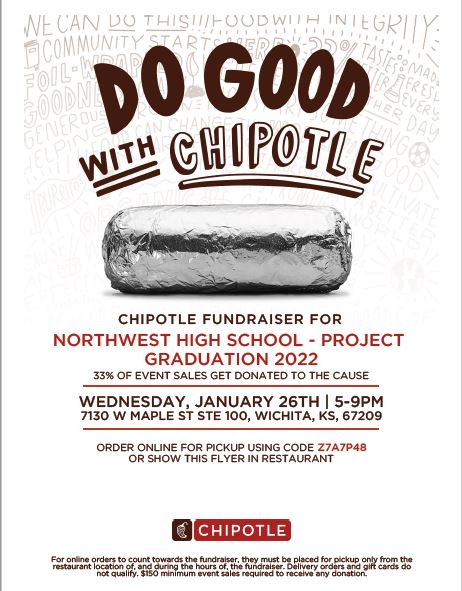 Wichita_NW's tweet image. What are you doing for supper on Wednesday? How about some Chipotle? Come support Project Graduation with Chipotle at Maple and Ridge between 5-9pm! #ProjectGraduation #PrideRespectExcellence