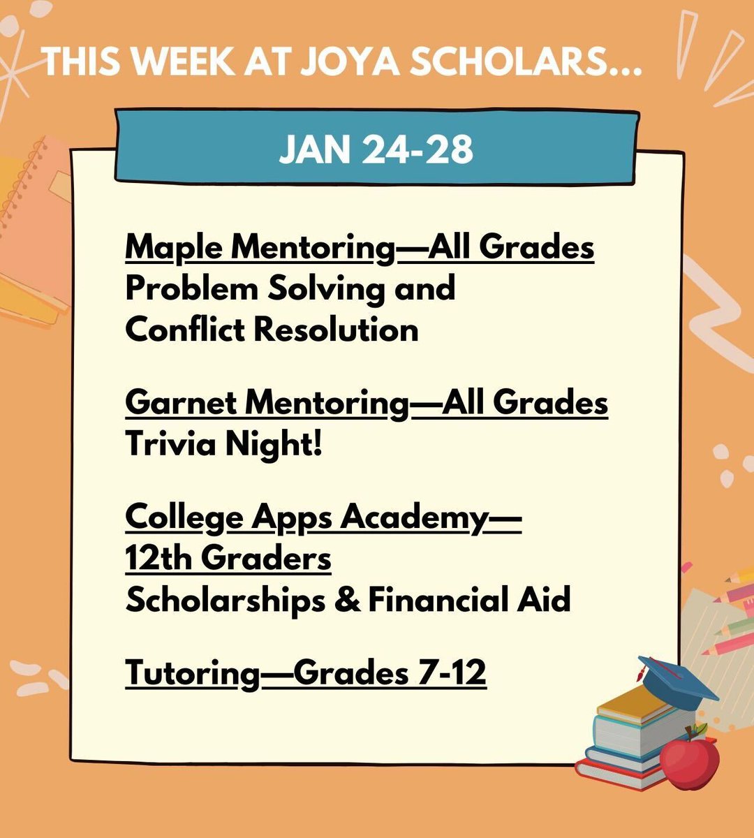 This week, VIRTUAL Mentoring &amp; Tutoring continues—JUNIORS take on Problem Solving &amp; Conflict Resolution activities, Garnet high schoolers prep for finals week, and Elementary After School Program returns in-person.