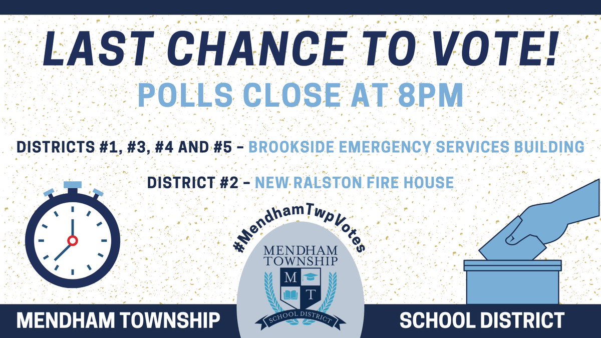 LAST CHANCE for voters to make their voice heard! Polls close at 8 p.m., so visit mendhamtwp.org/vote to find your polling location ASAP!
