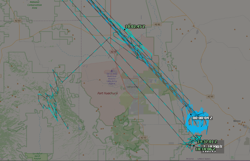 ameliairheart's tweet photo. Probable US Army MQ-1C 11-00195 back up southeast of Fort Huachuca, AZ. In the past 5 days we have seen 4 flights from this specific aircraft. #ADSB #AE5192 https://t.co/jCpkYiNlxX