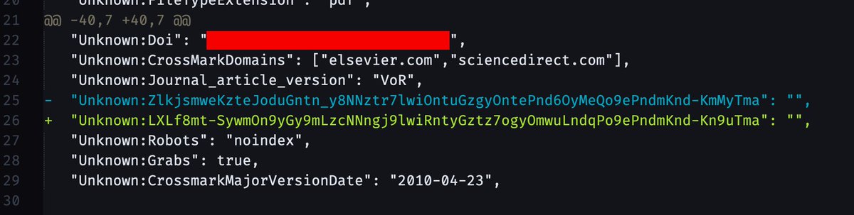 More fun publisher surveillance: Elsevier embeds a hash in the PDF metadata that is *unique for each time a PDF is downloaded*, this is a diff between metadata from two of the same paper. Combined with access timestamps, they can uniquely identify the source of any shared PDFs.