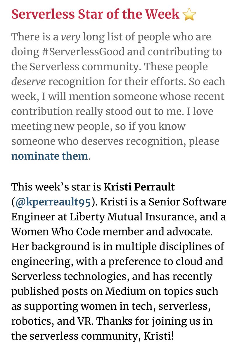 kcoulter95's tweet photo. Honored to be named Serverless Star of the Week in this week’s issue of Off-By-None! Thank you @jeremy_daly, and if you haven’t already, make sure you subscribe 🤗 https://t.co/H8gDV2ozLc