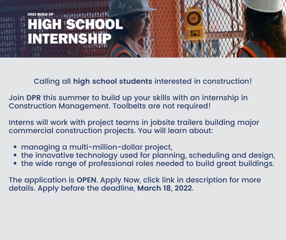 PostLGroup's tweet image. If you know any high school students let them know of this great opportunity with DPR Construction.

Clink the link below for more details:
ow.ly/3mSV50HCNfo