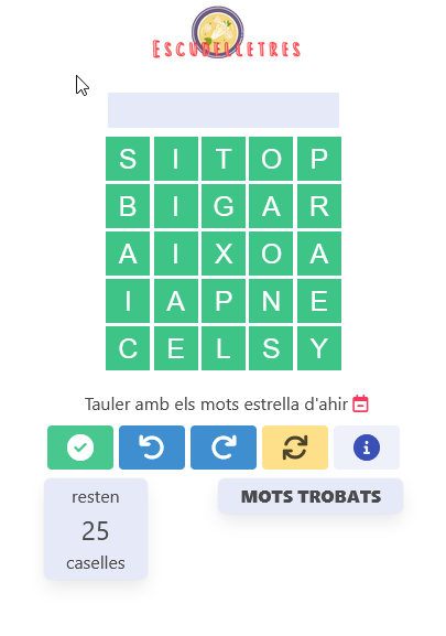 Més novetats a l'#escudelletres! Un nou plat de sopa del dia, el plat mitjà, pels que en volen un xic més. Troba mots fins utilitzar totes les lletres d'un tauler de 25 caselles. Un repte pels que ja comencen a gaudir-ne!