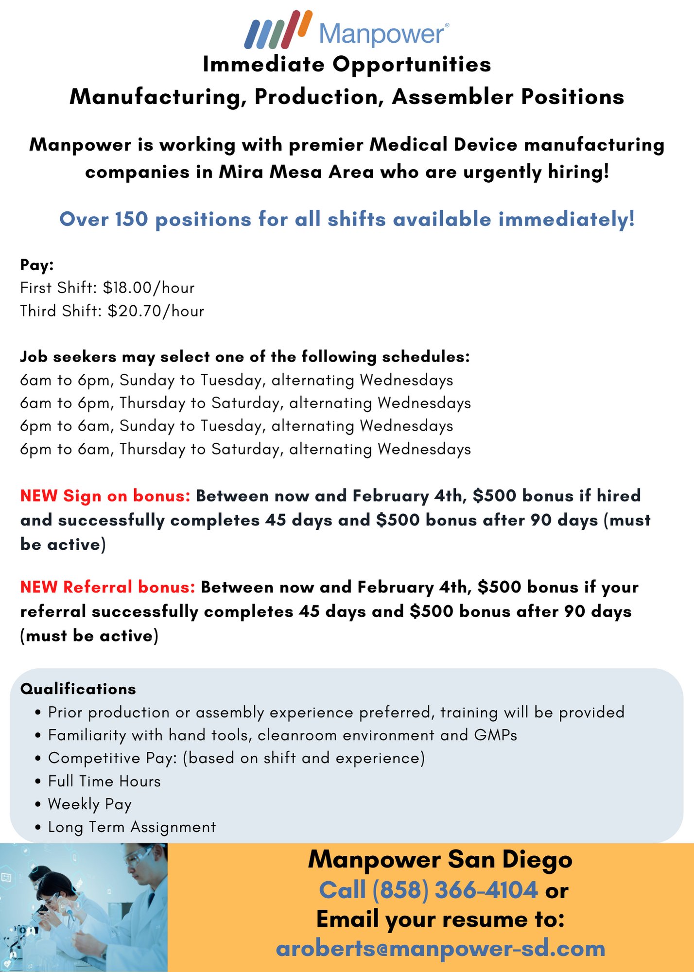 South County Economic Development Council on Twitter: "Job Opportunity:  Manpower San Diego recently partnered with a manufacturer on an exciting  project, and have several Medical Assembler positions available for  immediate hire! Go