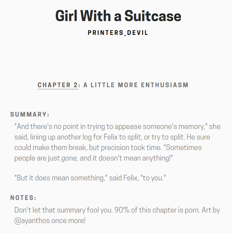 a_printersdevil's tweet photo. Fic!

GIRL WITH A SUITCASE, 2+3/3, 19.7K words, E, Felannie. For @NTFLXbingebang. Art by @ayanthos. Strangers Felix and Annette have a meet not-so-cute at the vacation cabin they both rented! 

Felix and Annette bone it out, say goodbye, and meet again.

https://t.co/7kJUuc3gEf https://t.co/Ra5LNG3WJB
