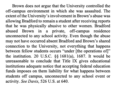 JakeHigherEdLaw's tweet photo. 9CA affirms Summary Judgement to Univ. of Arizona in #TitleIX Deliberate Indifference case where harassment of plaintiff occurred off-campus. Court carefully defines US Supreme Court's Davis requirements of institutional control over harasser &amp; context of known harassment. #EdLaw https://t.co/0uk2BuBSqW