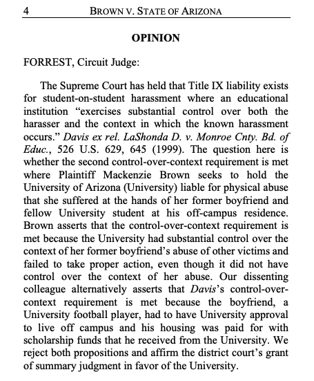 JakeHigherEdLaw's tweet photo. 9CA affirms Summary Judgement to Univ. of Arizona in #TitleIX Deliberate Indifference case where harassment of plaintiff occurred off-campus. Court carefully defines US Supreme Court's Davis requirements of institutional control over harasser &amp; context of known harassment. #EdLaw https://t.co/0uk2BuBSqW