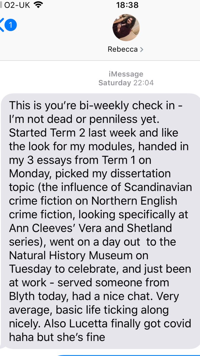 VixsterG's tweet photo. Don’t know where I got her from, but these ‘hello I’m not dead texts’ are quite funny &amp; her dissertation topic should be great, as she must have watched EVERY Scandinavian crime drama going, with subtitles lol! 😆😂❤️#daughterlove #GeniusChild #CrimeFiction @TeriLeighHall1 https://t.co/xiQFznF2Pt