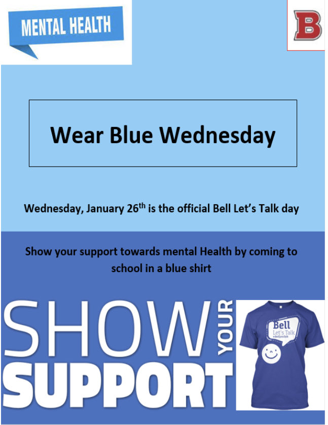 bssnews's tweet photo. Bell Let’s talk Day is tomorrow. Remember to wear blue! https://t.co/1a6tbjRpE9