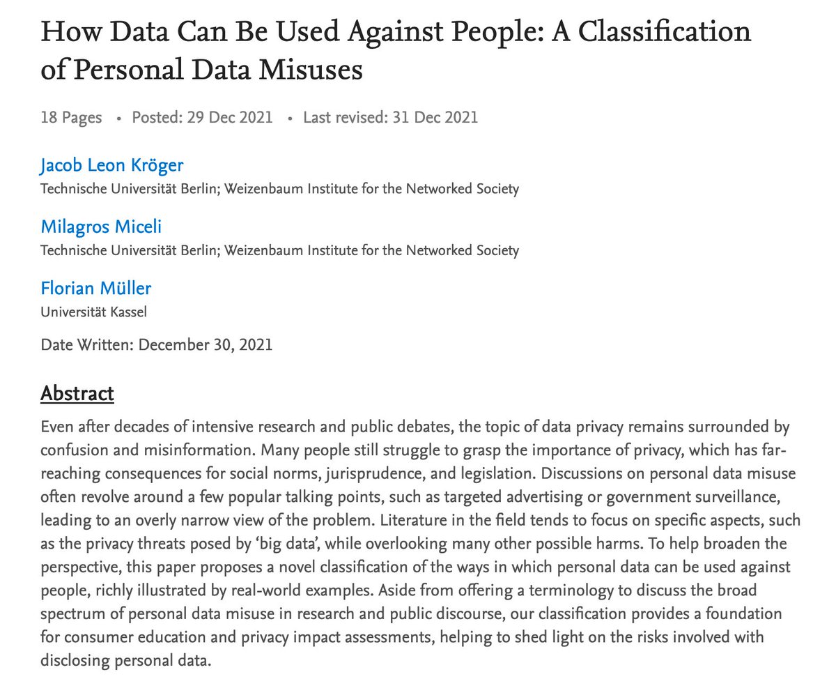 🚨New preprint!
“How Data Can Be Used Against People: A Classification of Personal Data Misuses” papers.ssrn.com/sol3/papers.cf…
We stress that data protection is not to protect data but to protect people, and propose a taxonomy of how individuals can be harmed by personal data misuse.