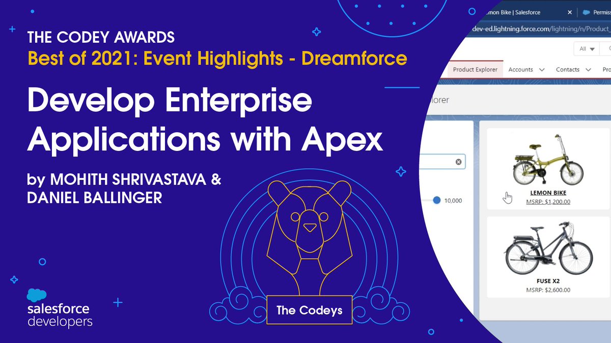SalesforceDevs's tweet image. Dreamforce 2021 brought too many awesome highlights to mention, but here&apos;s a very special one and winner of our next Codey award! ➡️ sforce.co/3rSsEpB

The session on Developing Enterprise Applications with Apex, by @msrivastav13 and @FishOfPrey! 🏆

#TheCodeys