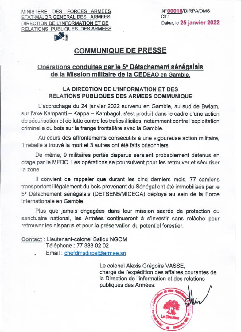 MilanBcks's tweet photo. 🔴#Gambie : 9 militaires sénégalais détachés à la force #Micega #Ecomig "portés disparus" et "probablement pris en otage par le #MFDC" - groupe rebelle de #Casamance - au sud du pays. C'est ce qu'annonce l'état-major des armées sénégalaises⬇️ #Gambia #ECOWAS #CEDEAO https://t.co/EaaC4uBOHi