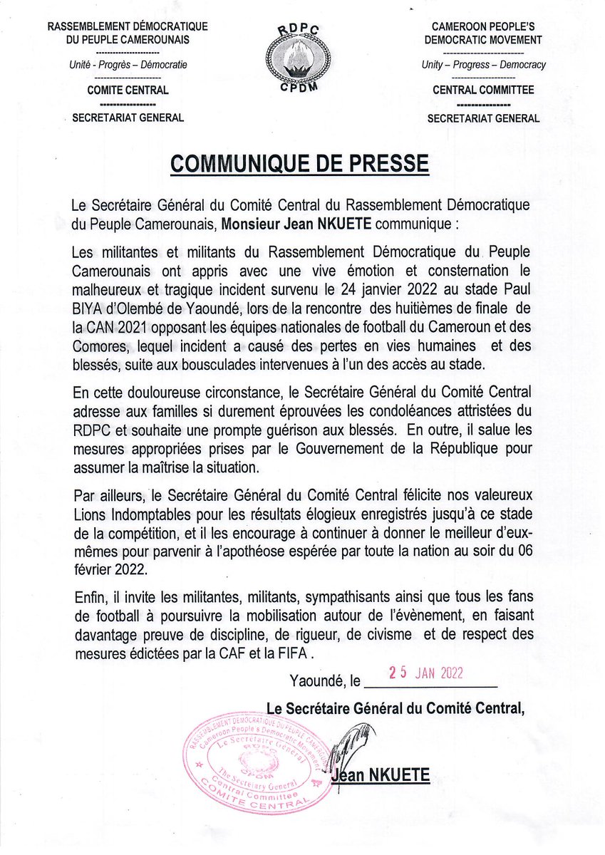 cpdm_rdpc's tweet photo. INCIDENT TRAGIQUE DU STADE D’OLEMBE 
La compassion du Rdpc aux familles éprouvées
https://t.co/MzMfmteOYR https://t.co/ZddAJUCiBf