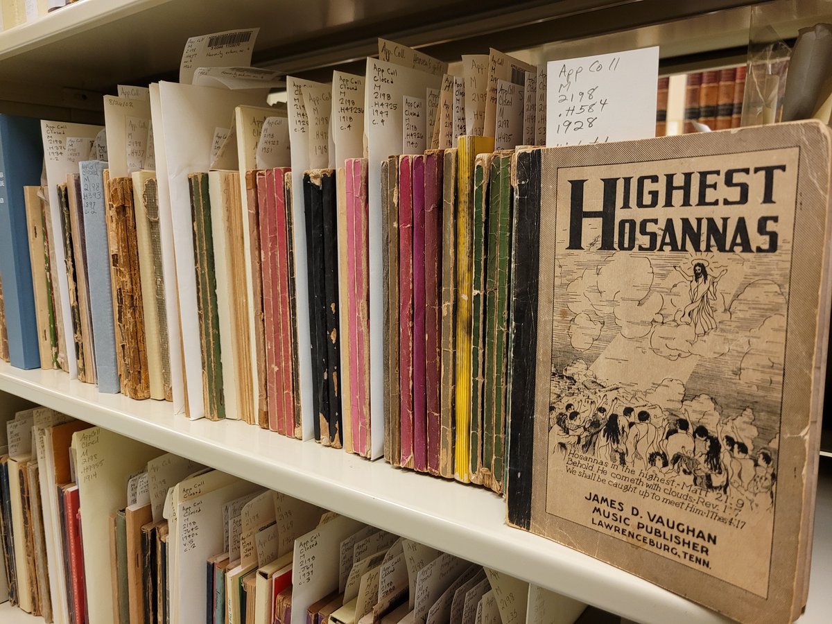 AppStateSCRC's tweet photo. Today is #LibraryShelfieDay! Our rare book stacks take on their own character based on Library of Congress classification. As seen here, shape note hymnals reside together, including many published by James D. Vaughan. Explore: https://t.co/TOzTQAnAas #Appalachia #shapenote https://t.co/prwqGC318T