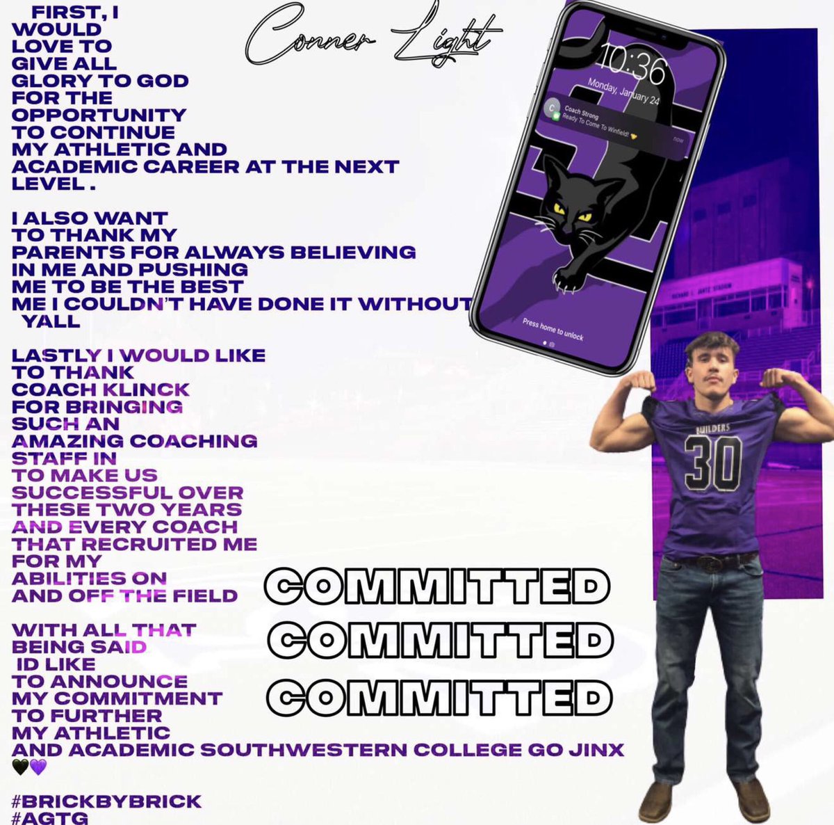 ConnerLight30's tweet image. #AGTG 1000% COMMITTED!!!! @BuilderFootball Thank you so much for this childhood dream I am so honored! @CoachStrongSC @CoachGriffSC @CoachJacks45 @coachklinck @buildersports #BrickByBrick #BleedPurple