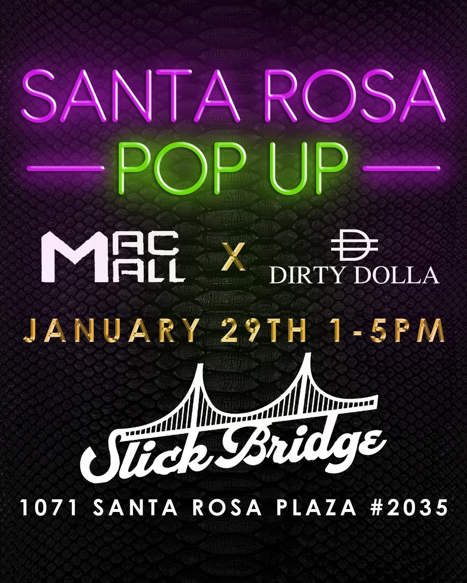 TheRealMacMall's tweet photo. S A N T A  R O S A
@slick_bridge will be hosting our next pop-up on 1/29/22 in the Santa Rosa Plaza shopping mall 🍇 As always it’s gonna be a good time with good people and a whole lotta dope merch so pull up on us 🌉🌉
@therealmacmall ✖️ @dirtydollaclothing
#DirtyDolla
#macmall https://t.co/q3rkb1GKKc