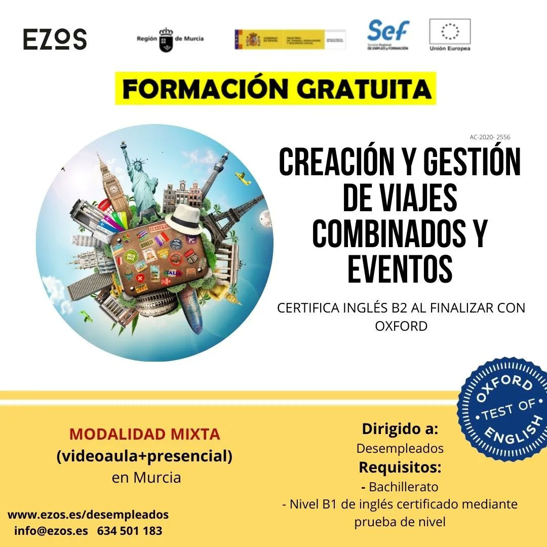 ezos_es's tweet image. Formación 2x1: #TURISMO + INGLÉS #B2. En Murcia, modalidad mixta. ¡¡No pierdas la oportunidad!! Comenzamos el 28 de enero. 
Más info en ezos.es/producto/viaje… - info@ezos.es - 634 501 183