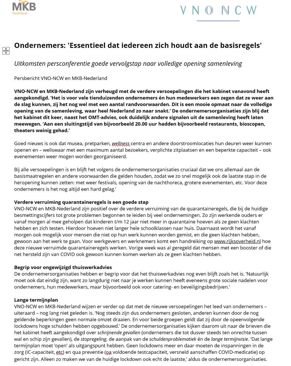 Onze reactie op de persconferentie van vanavond met <a href="/MKBNL/">MKB-Nederland</a> 👇 “Mooie vervolgstap naar volledige opening. Cruciaal dat iedereen zich aan de basisregels houdt!!” <a href="/IngridThijssen/">Ingrid Thijssen</a> <a href="/LJ_Visser/">Leendert-Jan Visser</a> <a href="/voorzittermkbnl/">Jacco Vonhof</a>