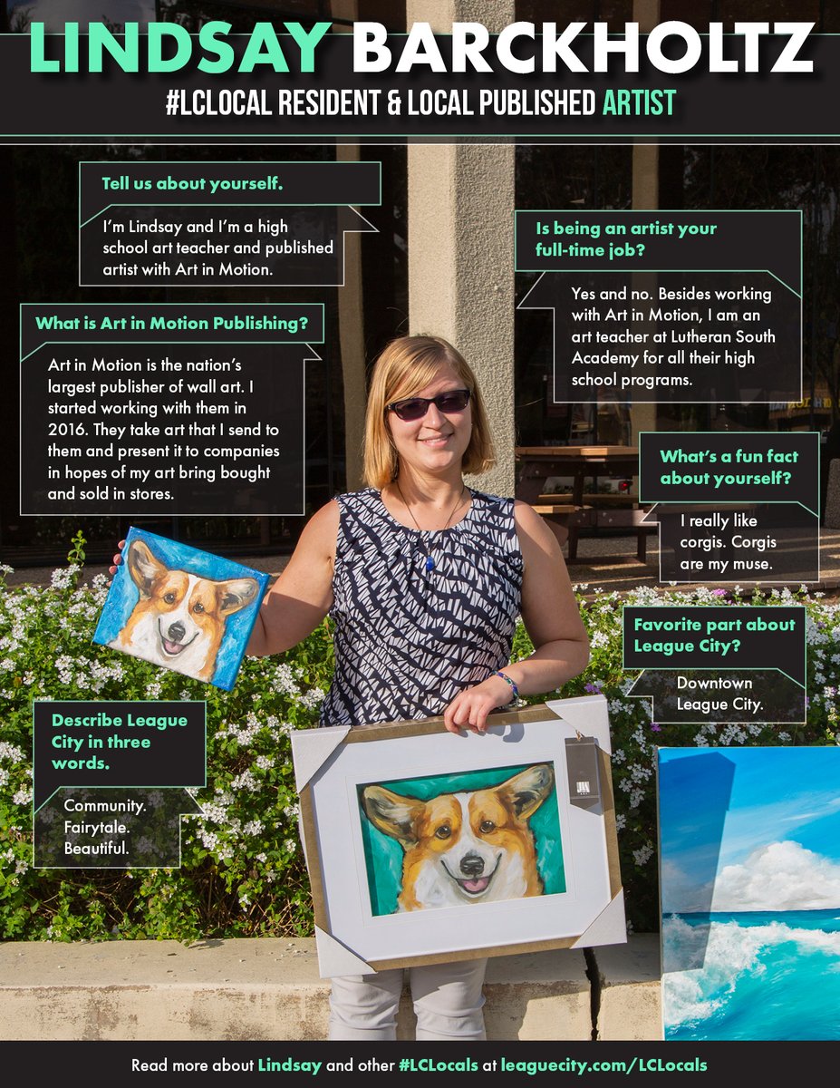 LeagueCityTX's tweet photo. Meet today's #LCLocal, Lindsay Barckholtz! Lindsay is an art teacher and a published artist with publishing company, Art in Motion. You can find some of her painting in stores like Marshall's, At Home, and even Buc-ees! Learn about Lindsay's art journey at https://t.co/byVBJ7h3zK https://t.co/v7uhENjhMI