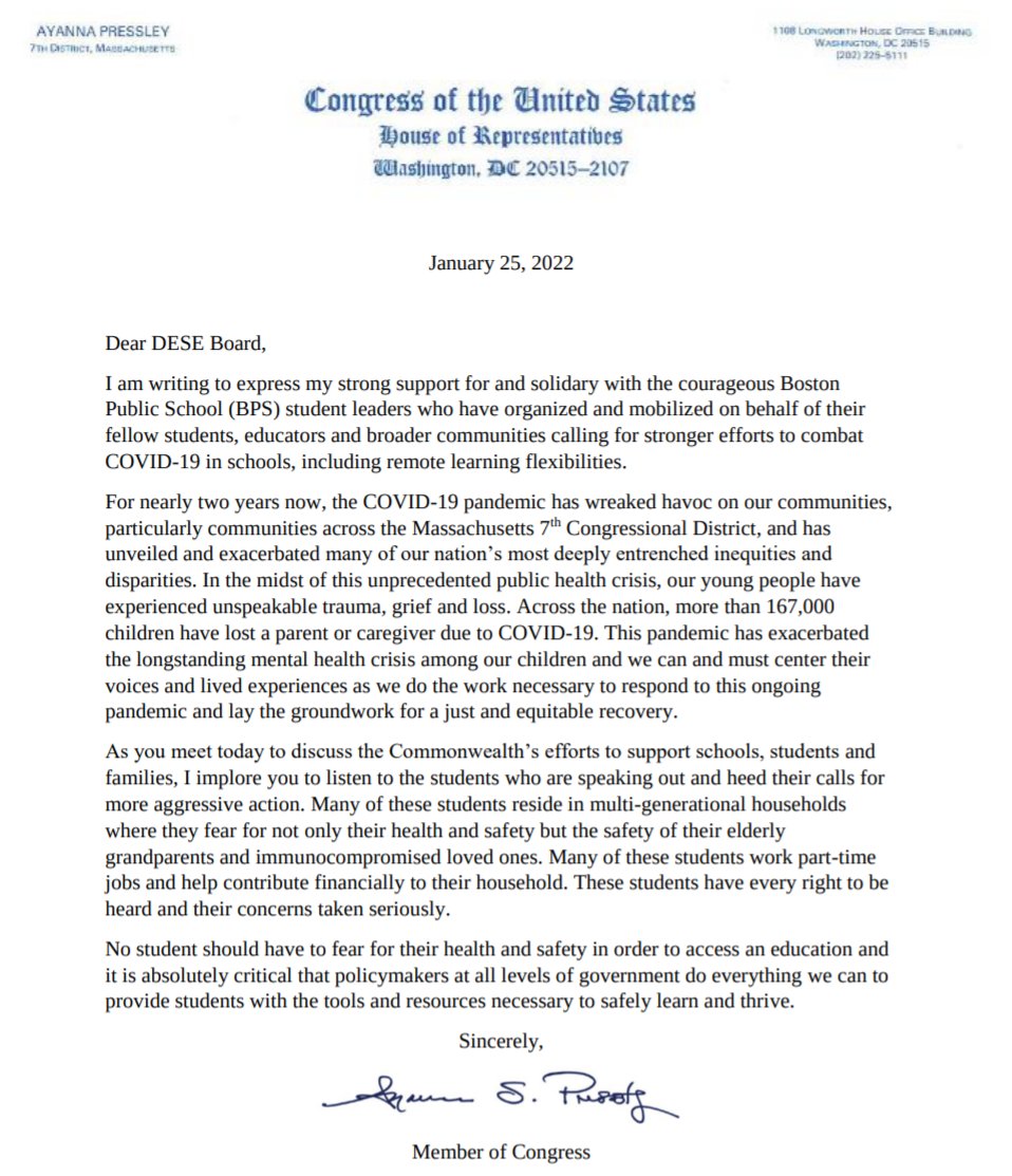 BPS Families for Covid Safety (@famcosa) on Twitter photo Delighted that <a href="/RepPressley/">Congresswoman Ayanna Pressley</a> sent a letter to <a href="/MASchoolsK12/">Massachusetts K-12</a> in support of <a href="/BSACbuzz/">Boston Student Advisory Council</a> & other student leaders and their call for stronger efforts to combat #COVID19 in schools!
Thank you so much, Rep.❤️
#MAEdu #mapoli <a href="/bospoli/">Boston Politics</a> Delighted that <a href="/RepPressley/">Congresswoman Ayanna Pressley</a> sent a letter to <a href="/MASchoolsK12/">Massachusetts K-12</a> in support of <a href="/BSACbuzz/">Boston Student Advisory Council</a> & other student leaders and their call for stronger efforts to combat #COVID19 in schools!
Thank you so much, Rep.❤️
#MAEdu #mapoli <a href="/bospoli/">Boston Politics</a>