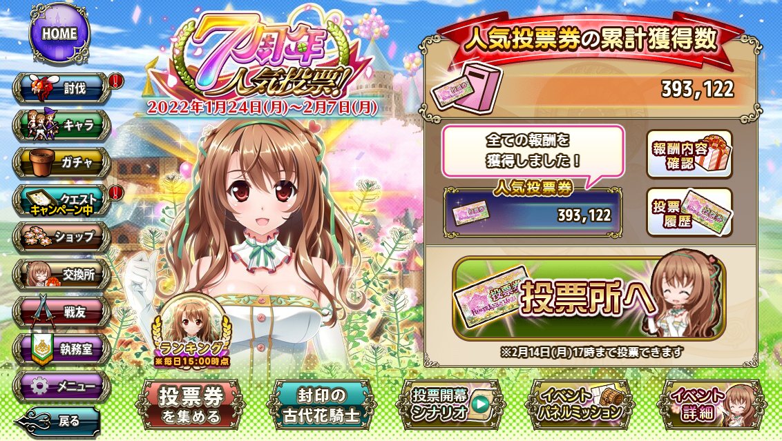 Saccharin S Tweet 3日目が始まりました さて 周回も安定してきたところで今年1回目の24時間周回始めましょうか 今回は配信なしなので1時間おきに現在の票数を公開することにします 前日比 30 7万票 花騎士7周年 7周年人気投票 春庭22