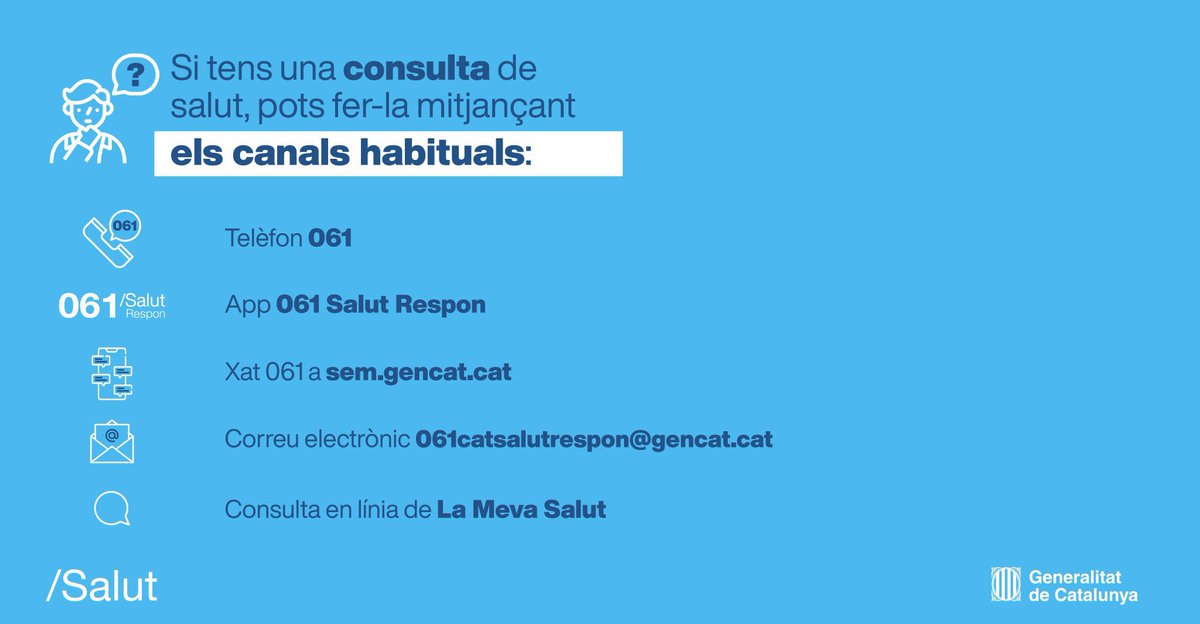 📢 El missatge que circula per xarxes socials que aconsella trucar al 900400061 per informar-se sobre la COVID-19 perquè el 061 està col·lapsat, és FALS, és un número específic per Andalusia.

Demana una consulta sobre salut i/o informa't a través dels canals habituals. 👇