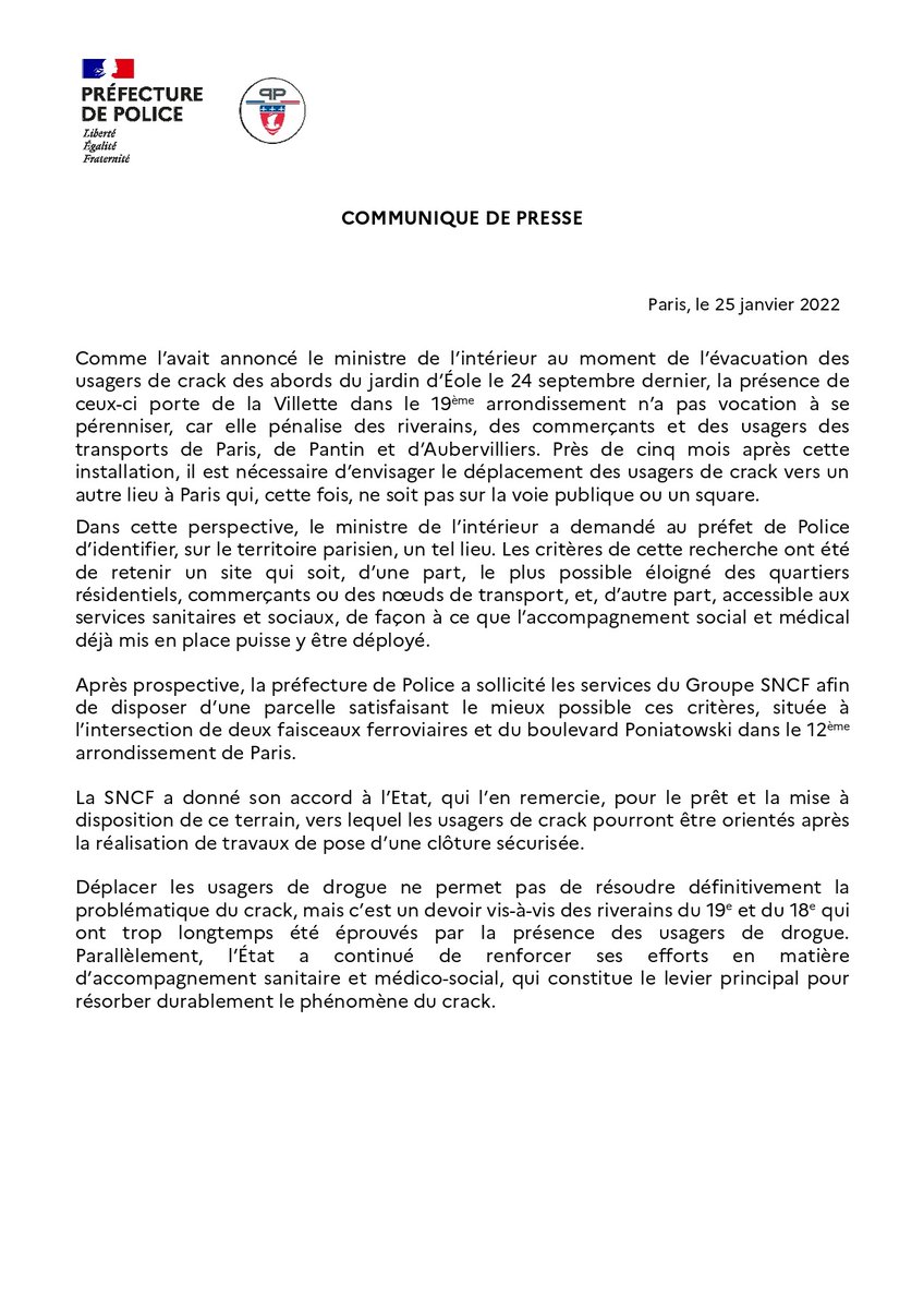 À la demande du ministre de l'Intérieur, la SNCF donne son accord pour mettre à disposition un terrain à #Paris12 susceptible d'accueillir les usagers de crack afin de les éloigner de quartiers résidentiels.