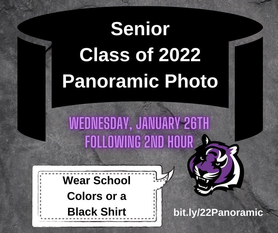 Tomorrow is the Senior, Class of 2022 panoramic photo. Please wear school colors 💜🖤 or a black shirt. Seniors will be released following 2nd period to take their photo behind the gym. Visit our Senior Only (bit.ly/22Panoramic) page for more information.

#MHS #MillenniumHS