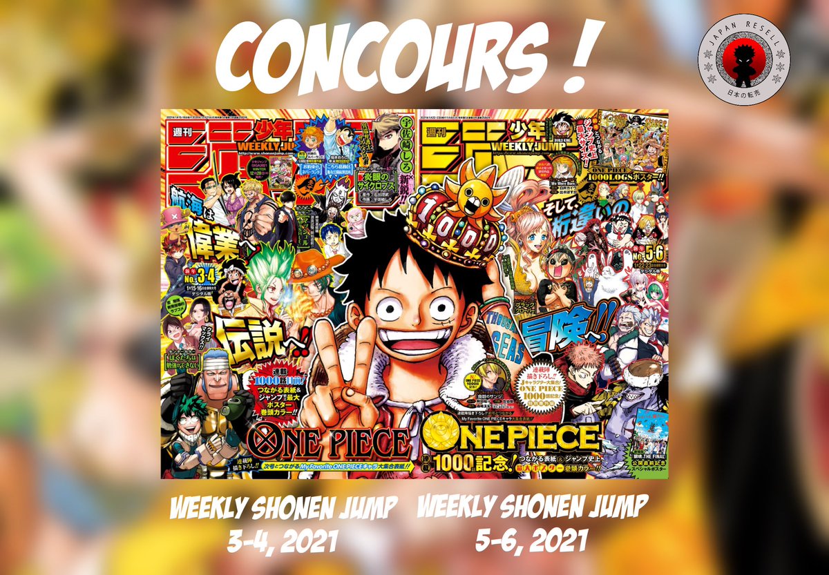 Voici un petit concours pour fêter les 1 an du compte JapanResell et vous remercier pour votre soutien 🎁 À gagner : Weekly Shonen Jump 3-4 et 5-6 de 2021, comportant les mythiques chapitres 999 et 1000 de One Piece 🏴‍☠️ • RT + Follow @JapanResell • Tag 1 ami TAS le 2/02/2022