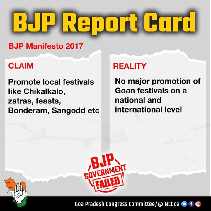Nimbagalram's tweet photo. BJP's unending promises of promoting Goa’s culture across the world have shattered to dust as not a single festival stands promoted in the last 5 years.
#BJPFailureReportCard https://t.co/tDo9T8cA4n