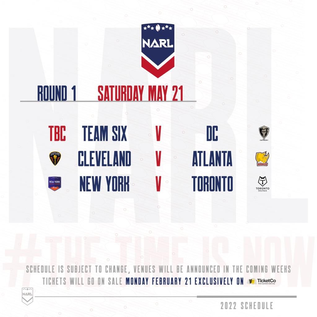 TOwolfpack's tweet photo. Here is your 2022 Round 1 NARL Schedule.

Looking forward to our first @narugbyleague game away to @nyrugbyleague. 

TICKETS ON SALE FEBRUARY 21st. #NARL #torontowolfpack #runwiththepack https://t.co/XMwkfggwPG