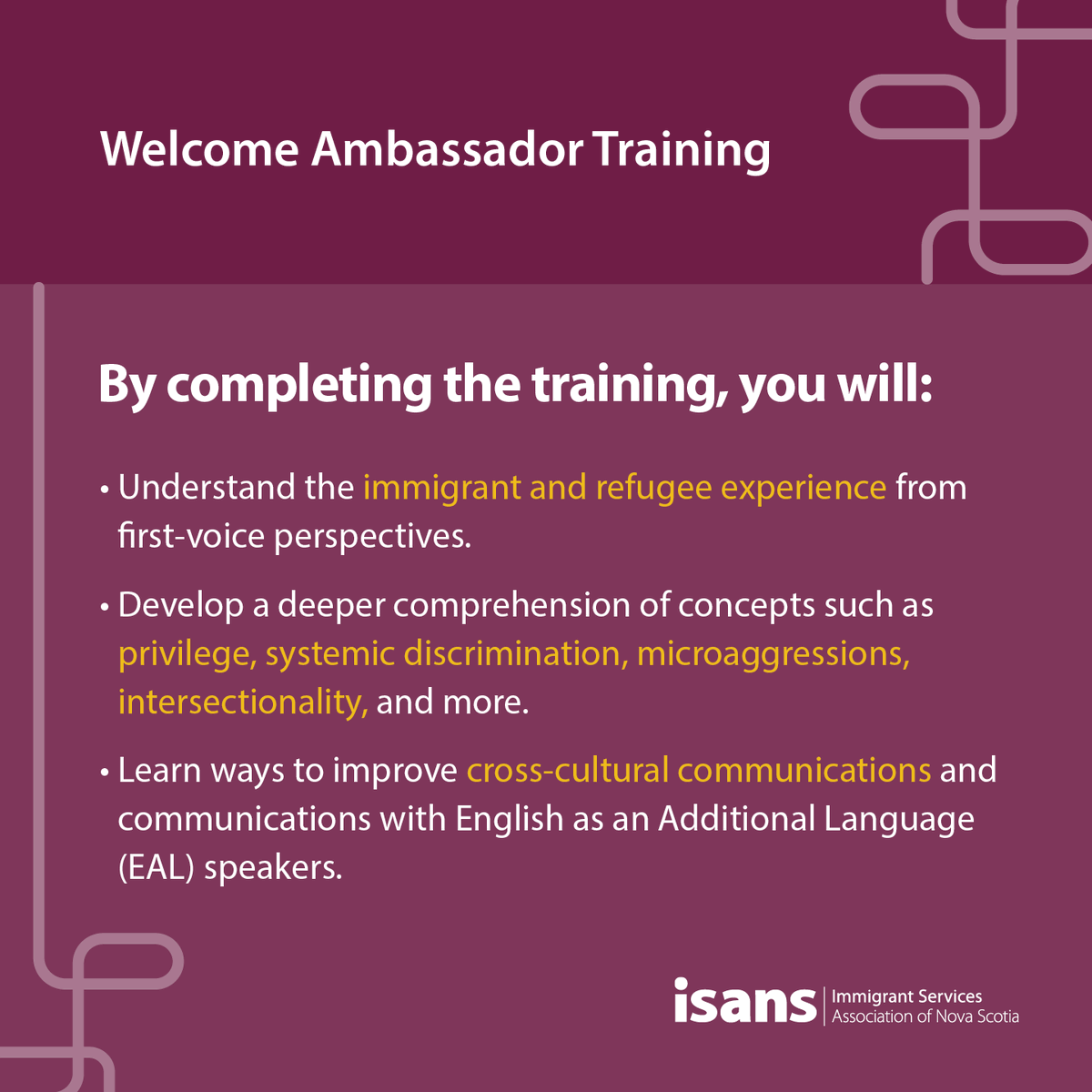 isans_ca's tweet photo. 🗓 Our next Welcome Ambassador training program starts on Wednesday, February 2nd. Over four weeks, learn how you can help support more inclusive, diverse, and welcoming communities for all. To register, contact Sherida at shassanali@isans.ca or call 902-406-0129 https://t.co/NyUQPdVHnJ