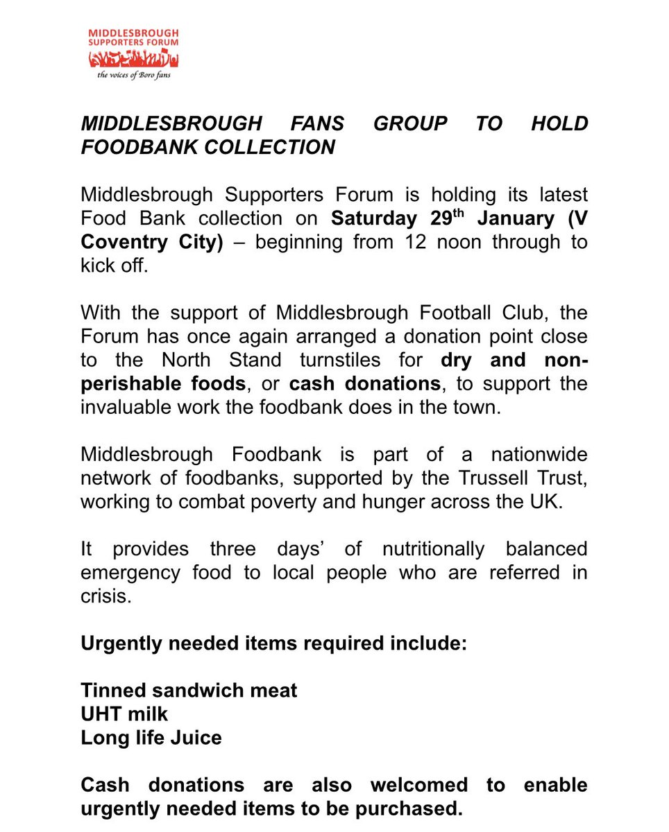Mark Motley (@motleysfool) on Twitter photo Just another reminder that <a href="/borosupport/">MSF</a> will be collecting for <a href="/FoodbankMbro/">Mbro Foodbank</a> again on Saturday at the Riverside.
<a href="/Boro/">Middlesbrough FC</a> fans we would be greatly appreciate your support again. All details below #boro #utb ππ»ππ» Just another reminder that <a href="/borosupport/">MSF</a> will be collecting for <a href="/FoodbankMbro/">Mbro Foodbank</a> again on Saturday at the Riverside.
<a href="/Boro/">Middlesbrough FC</a> fans we would be greatly appreciate your support again. All details below #boro #utb ππ»ππ»