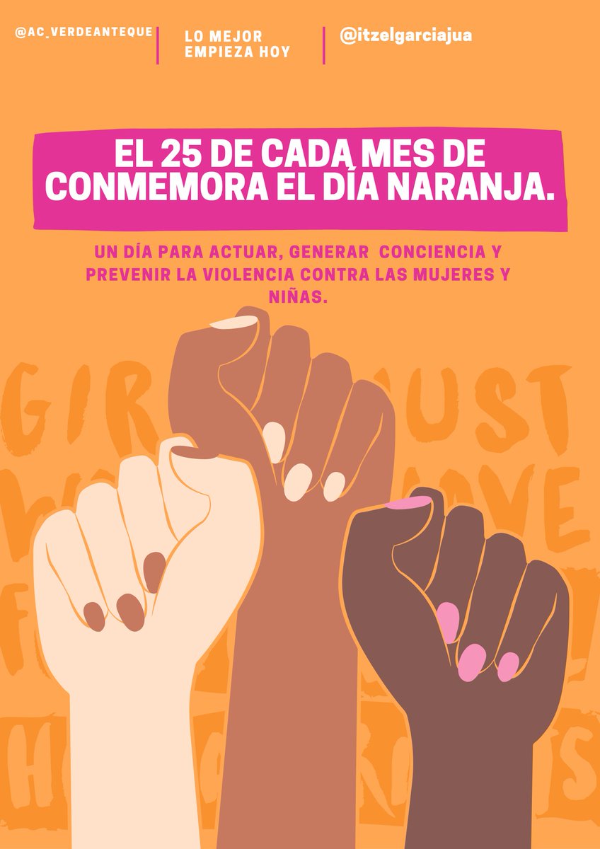 itzelgarciajua's tweet photo. El Día Naranja es un recordatorio para prevenir la violencia contra las mujeres y las niñas.
Los orígenes vienen desde 1999, cuando la ONU decretó oficialmente el 25 de noviembre como el Día Internacional para la Erradicación de la Violencia contra las Mujeres.
#DiaNaranja 🧡 https://t.co/paJGqhh0K8