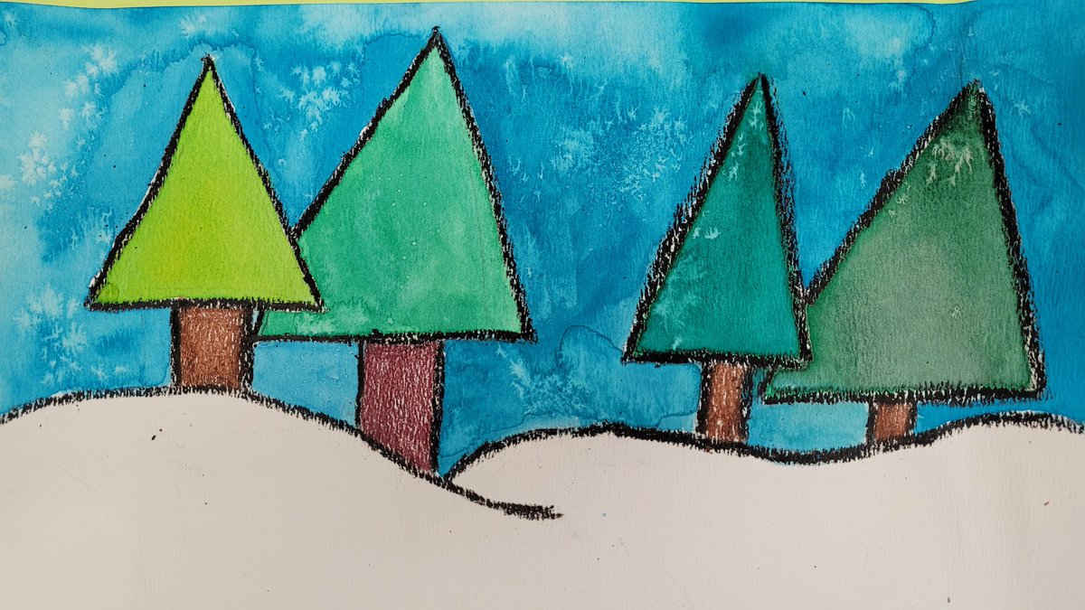 GVartroom's tweet photo. Congratulations to my Stellar Student from McNulty's Third Grade!  She did a great job on her winter watercolor!!  Our goal was to experiment with watercolors.  we tried to create four different shades of green-color mixing, crayon resist and salt technique!! @Mrs_M_McNulty https://t.co/zp1ciW2IU0