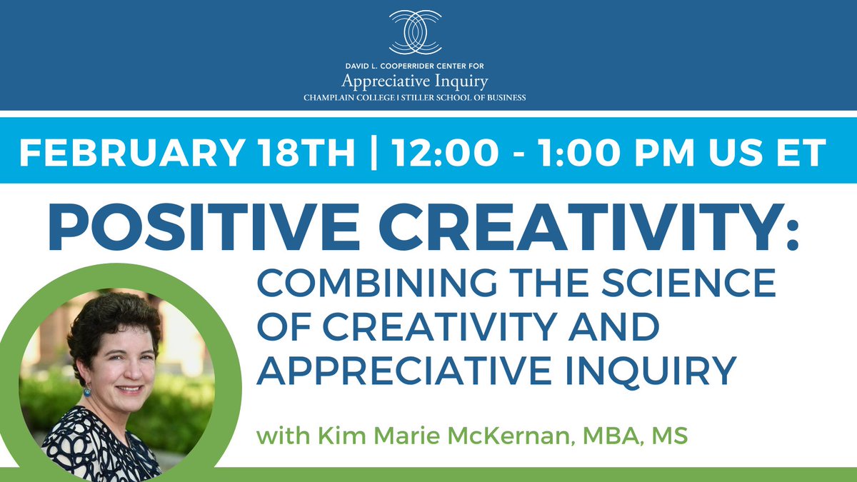 Join us February 18th for our next FREE webinar as Kim Marie McKernan guides us through practical ways we can combine Appreciative Inquiry with the Science of Creativity to find new possibilities. 
We hope to see you there!
forms.gle/dGKUmDRrhhuZNm…