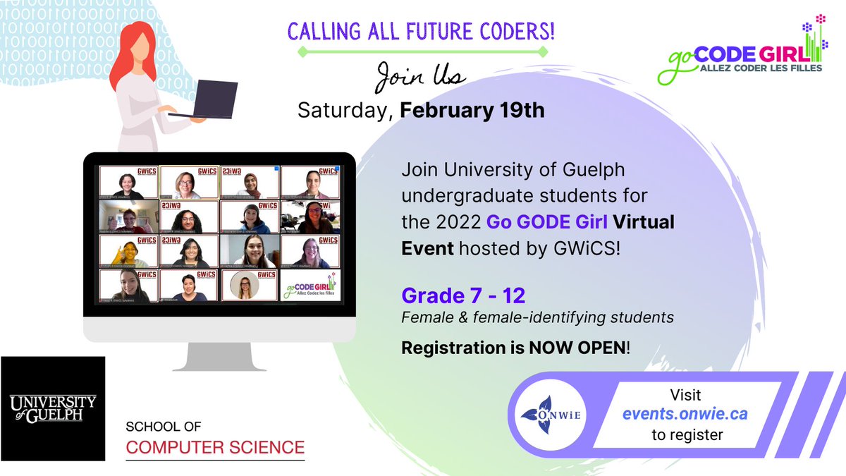 CEScamps's tweet image. What are you planning to do on a cold afternoon in Feb? How about  #GoCODEGirl 2022?  Free &amp;amp; the best thing... activities are designed by Guelph Women in Computer Science @GuelphWiCS - these students know this audience! Register now! @UofGCEPS uoguelph.ca/computing/outr…
