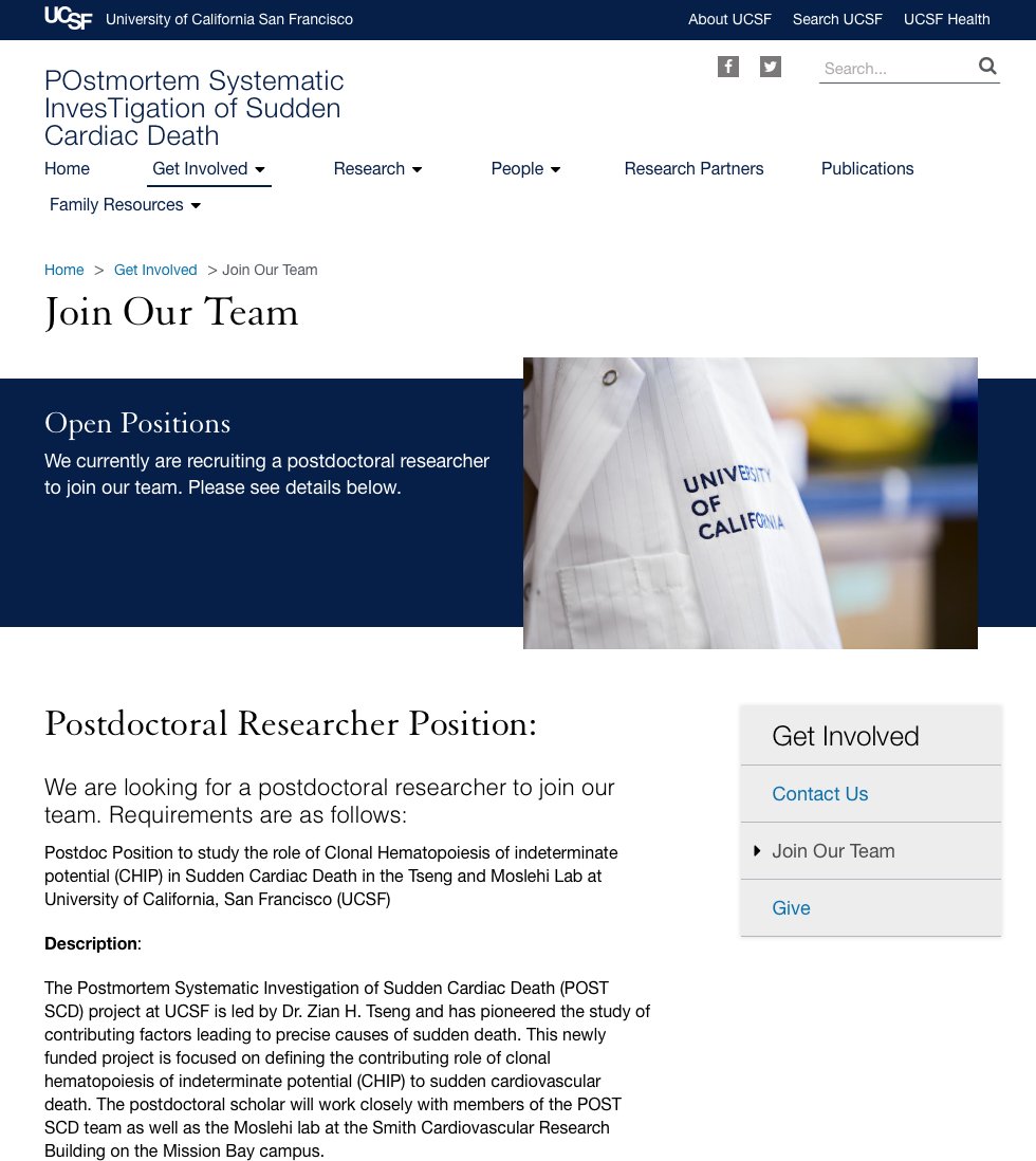 Looking for a post-doctoral position? Dr. Zian Tseng at <a href="/UCSF/">UC San Francisco</a> leads the Postmortem Systematic Investigation of Sudden Cardiac Death (POST SCD) project. Great for our #CardioOnc group to collaborate w/ him! #EPeeps <a href="/AHA_Research/">AHA Research</a> @nih_nhlbi <a href="/gregorymmarcus/">Greg Marcus</a> 
ziantsenglab.ucsf.edu/join-our-team
