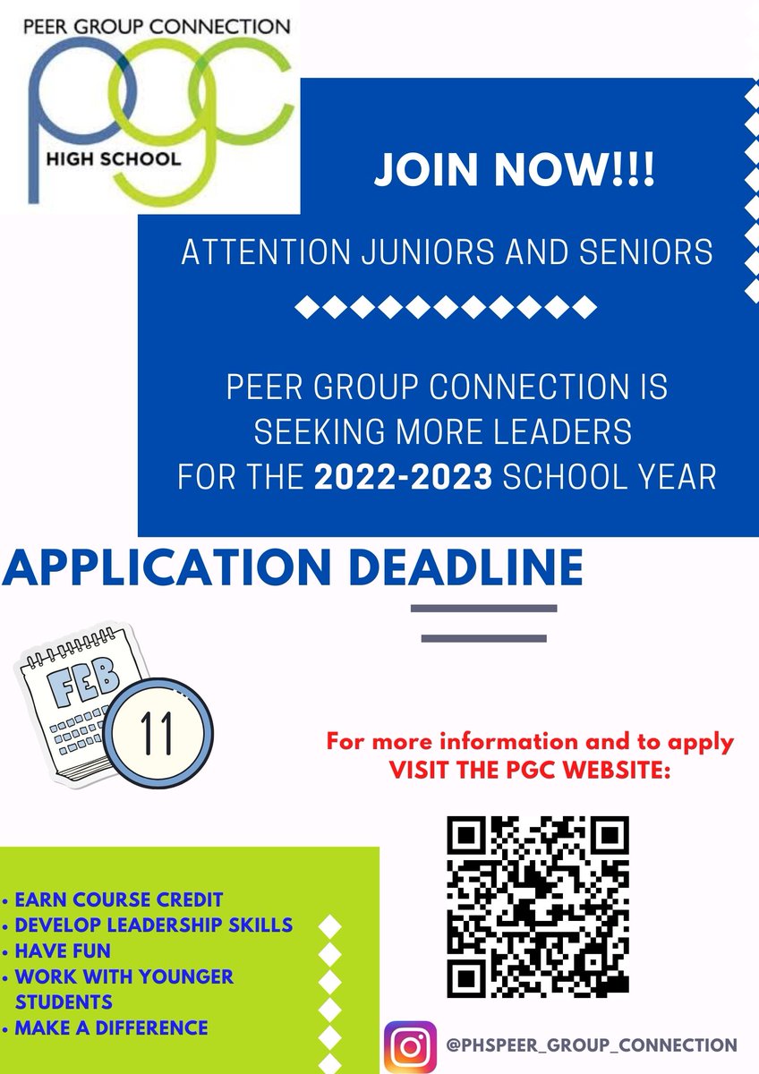 Potomac High School are you interested in joining peer group connect? Students can learn more about the program and complete the application by visiting the Peer Group Connection Site. 

Applications are due February 11th, don't miss out!!!!