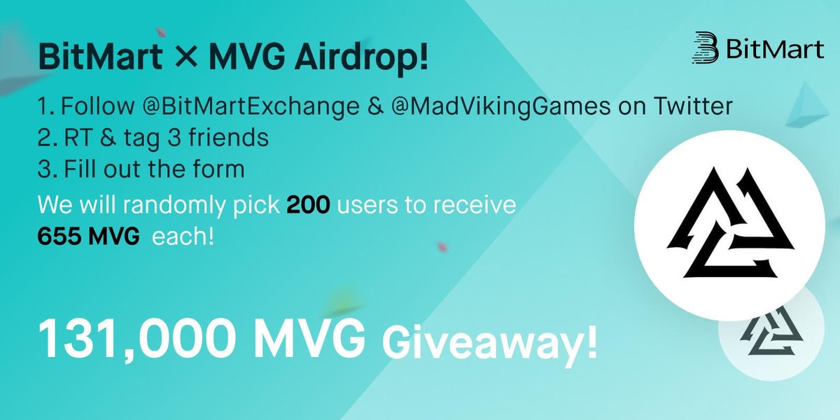 BitMart (@bitmartexchange) on Twitter photo 🎉To celebrate <a href="/MadVikingGames/">MadVikingGames</a> listing, we’re giving away 131,000 MVG !
1⃣ Follow <a href="/BitMartExchange/">BitMart</a> & <a href="/MadVikingGames/">MadVikingGames</a>
2⃣ RT and tag 3 frds
3⃣️Fill out: forms.gle/VnYHcXTsMHFLva…
✨ 200 lucky winners receive 655 MVG each !
⏰ Enter by 11:59 PM EST Jan 28 🎉To celebrate <a href="/MadVikingGames/">MadVikingGames</a> listing, we’re giving away 131,000 MVG !
1⃣ Follow <a href="/BitMartExchange/">BitMart</a> & <a href="/MadVikingGames/">MadVikingGames</a>
2⃣ RT and tag 3 frds
3⃣️Fill out: forms.gle/VnYHcXTsMHFLva…
✨ 200 lucky winners receive 655 MVG each !
⏰ Enter by 11:59 PM EST Jan 28