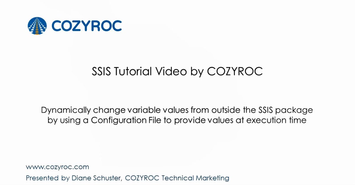 CozyRoc's tweet image. Using external configuration file - SSIS tutorial for Beginners by COZYROC 
▶️ youtube.com/watch?v=uMXgvS… #SSIS #SSISTutorial #COZYROC #ETL