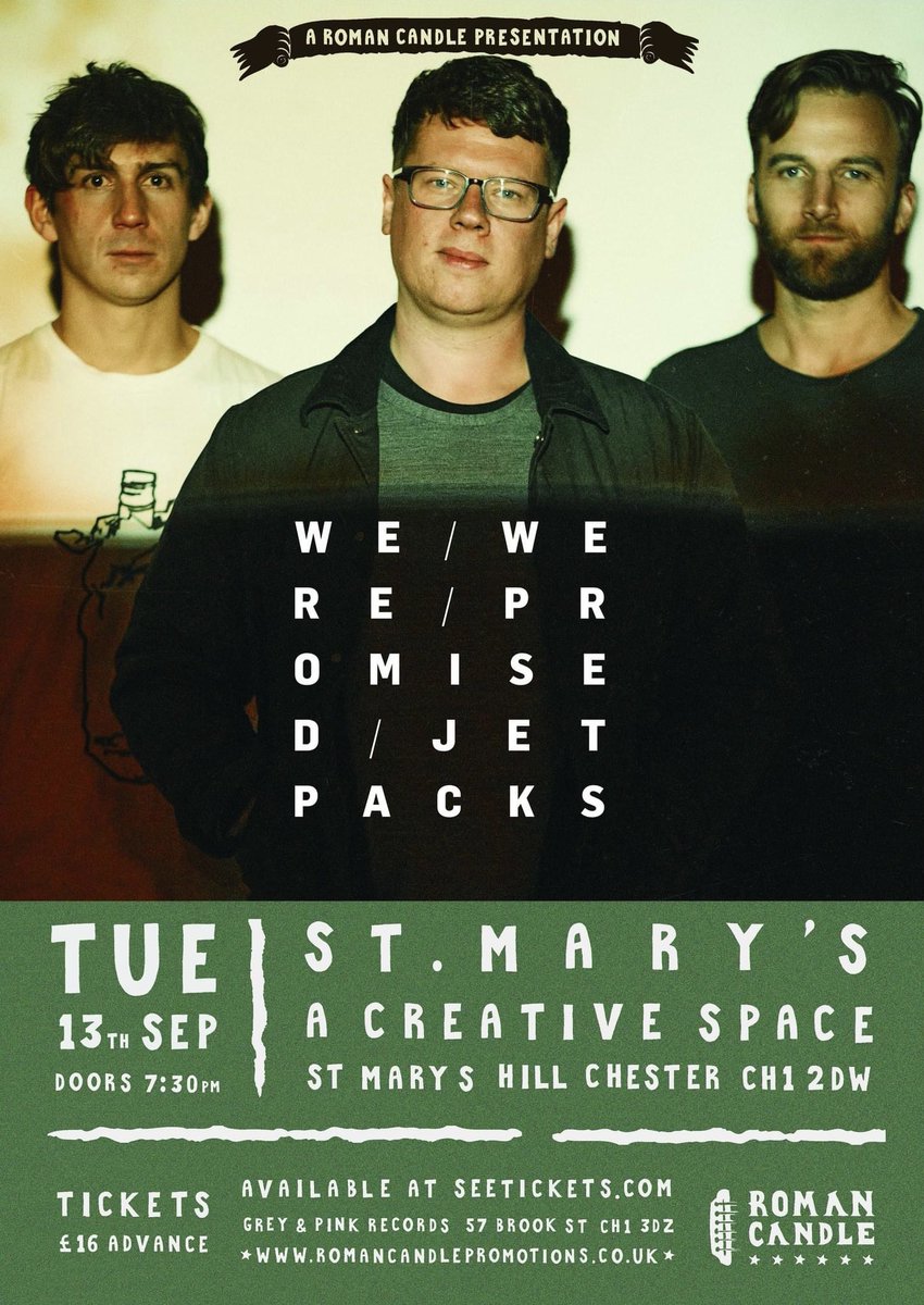 Roman Candle (@rc_promotions) on Twitter photo ***GIG ANNOUNCEMENT***
We welcome <a href="/wwpj/">We Were Promised Jetpacks</a> to <a href="/CreativeMarys/">StMarysCreativeSpace</a>, Tuesday 13th September. Special guest to be announced.
Tickets £16 advance. On sale 10AM tomorrow from seetickets.com/event/we-were-…
We are ecstatic for this show, tickets won't hang around folks.
romancandlepromotions.co.uk ***GIG ANNOUNCEMENT***
We welcome <a href="/wwpj/">We Were Promised Jetpacks</a> to <a href="/CreativeMarys/">StMarysCreativeSpace</a>, Tuesday 13th September. Special guest to be announced.
Tickets £16 advance. On sale 10AM tomorrow from seetickets.com/event/we-were-…
We are ecstatic for this show, tickets won't hang around folks.
romancandlepromotions.co.uk