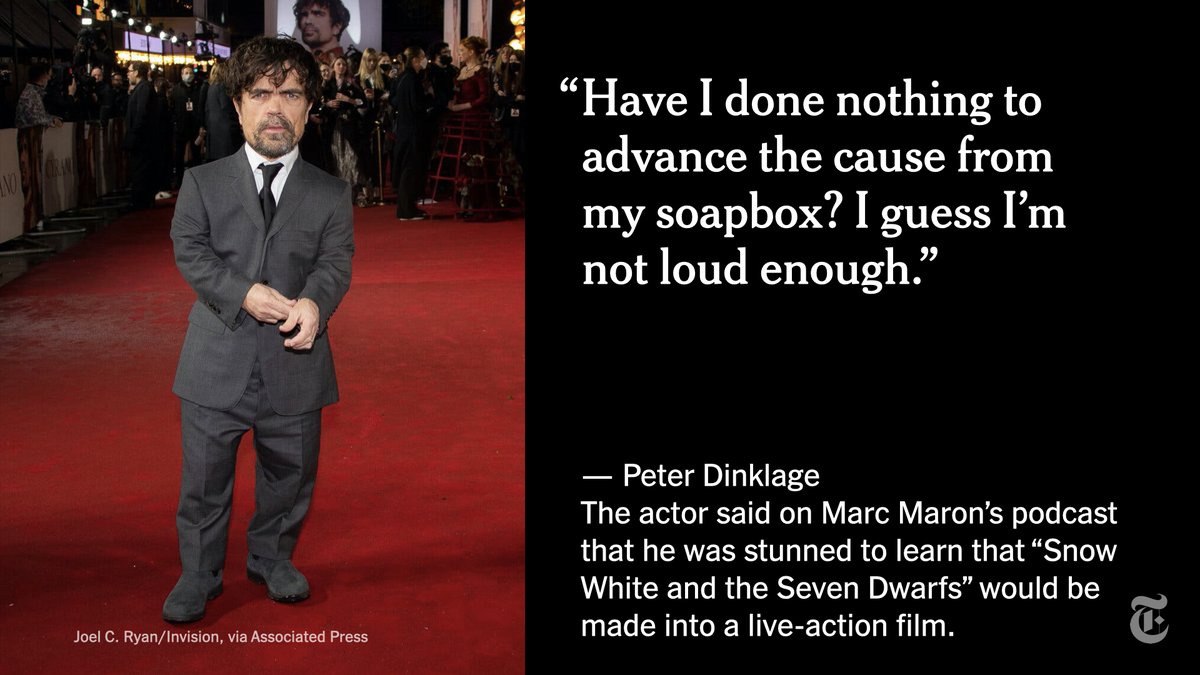 nytimes's tweet photo. The actor Peter Dinklage said he was stunned to learn that Disney was doing a live-action remake of “Snow White and the Seven Dwarfs.” It is a "backward story of seven dwarfs living in a cave together," he said. https://t.co/gpOQA7XyAL https://t.co/MrRwBRblWd
